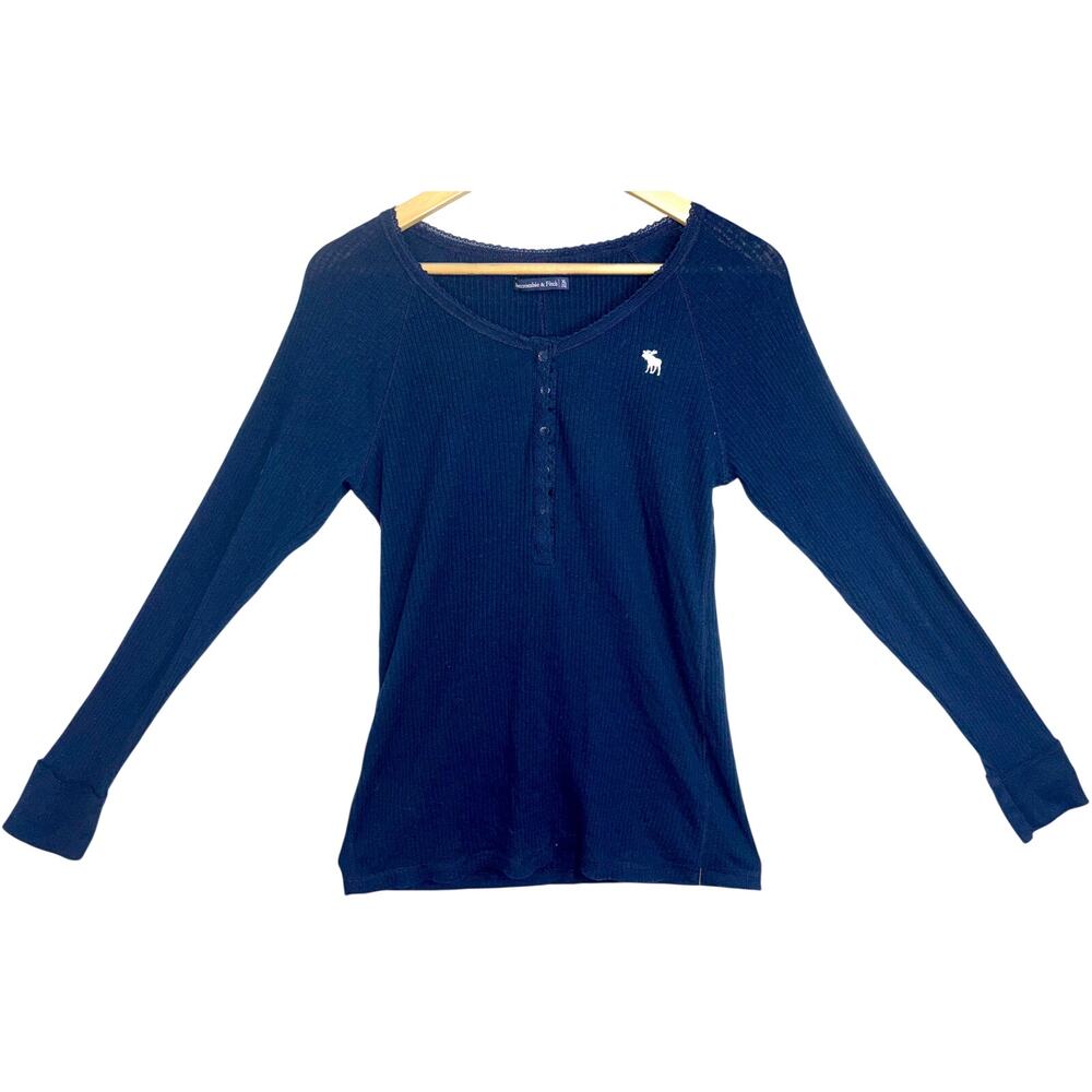 Abercrombie & Fitch Navy Blue Ribbed Knit Henley Long Sleeve Blouse Top Size XL - Picture 2 of 7